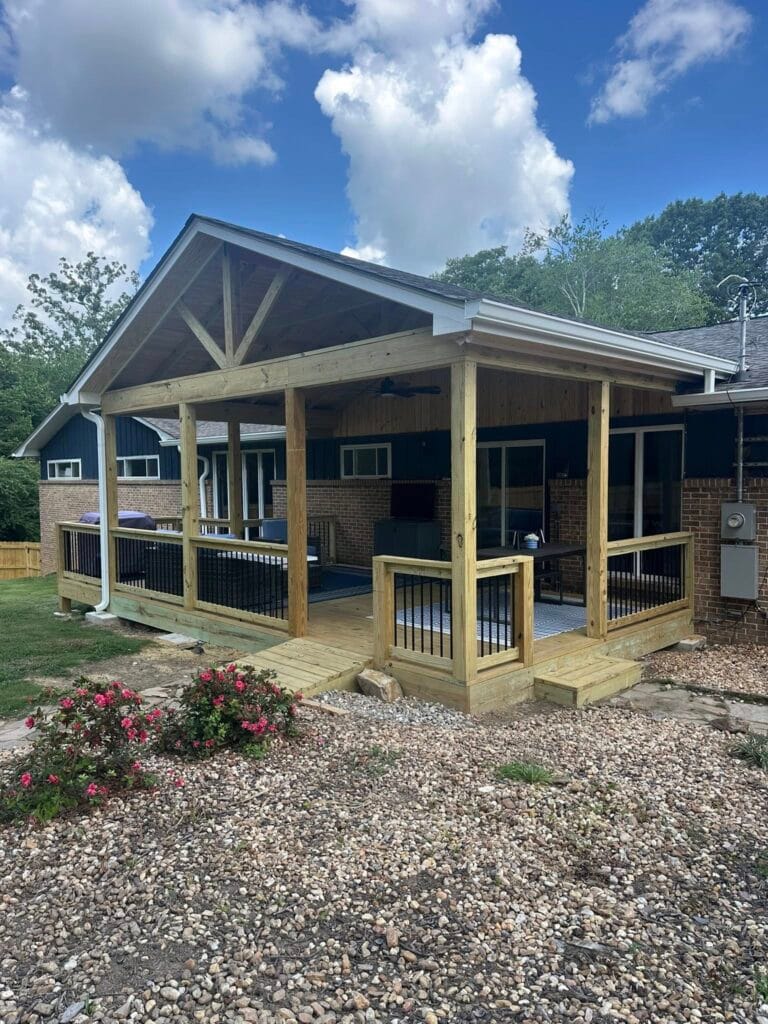 Beautiful covered deck project in Bluff Park, now a fully covered outdoor living space near Helena, Alabama.