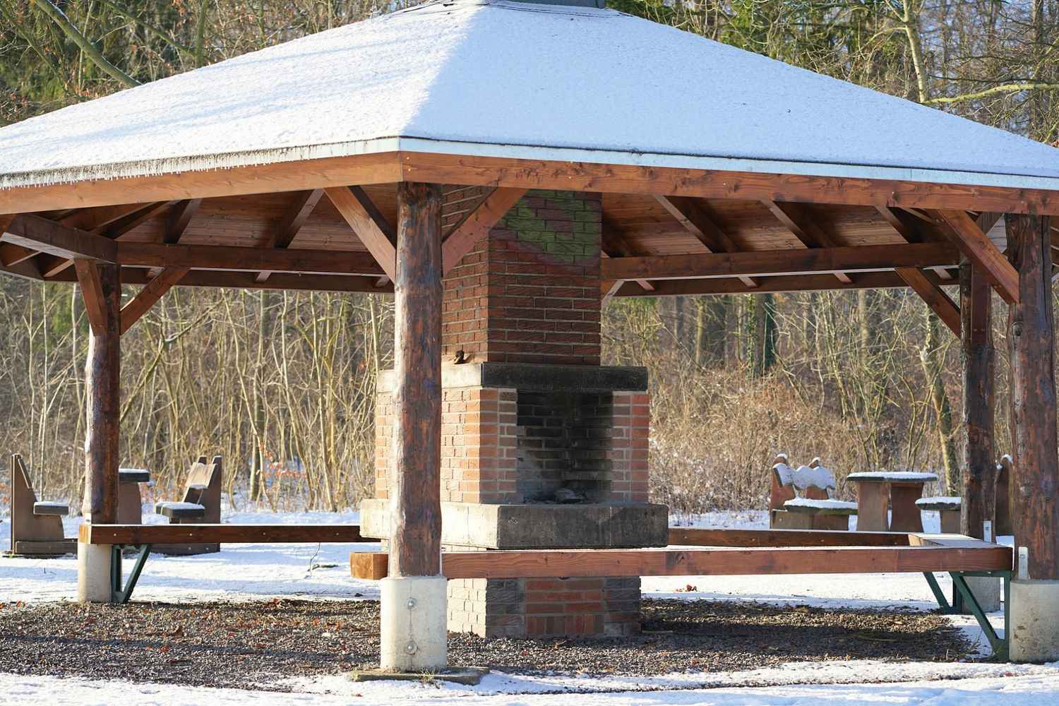 Outdoor grilling area with a hut