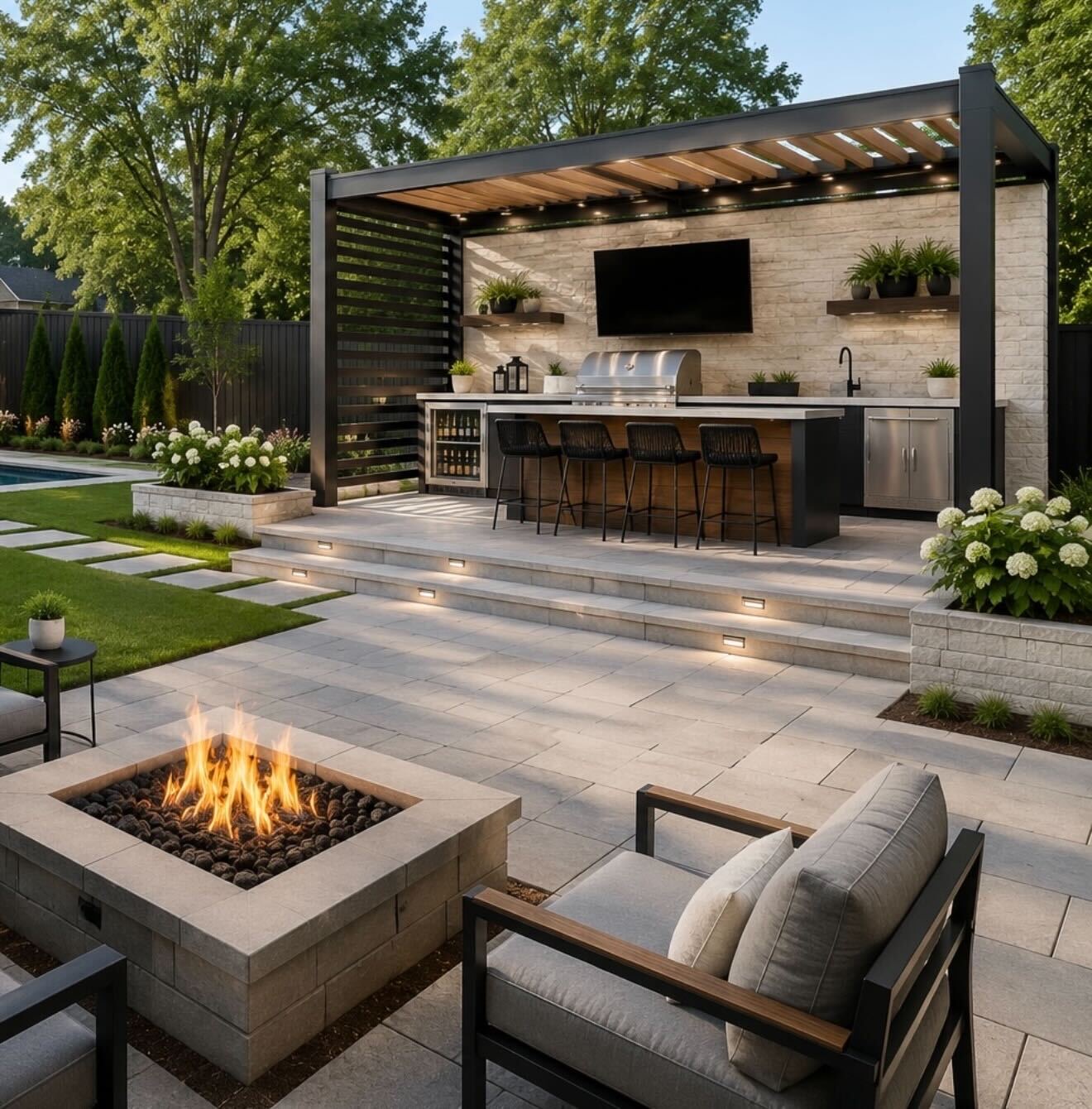 finished full backyard build with firepit